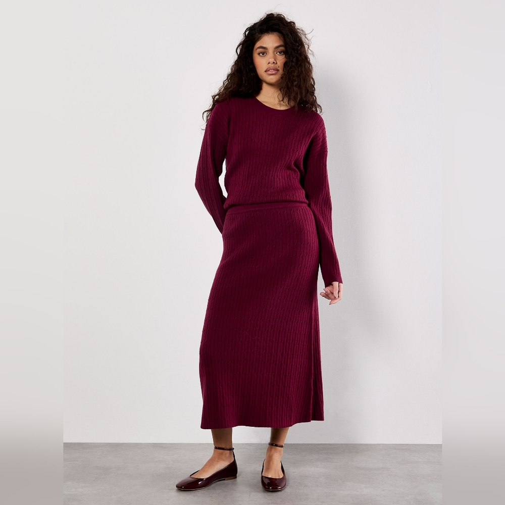 Fine Gauge Cable Knit Midi Skirt Burgundy
